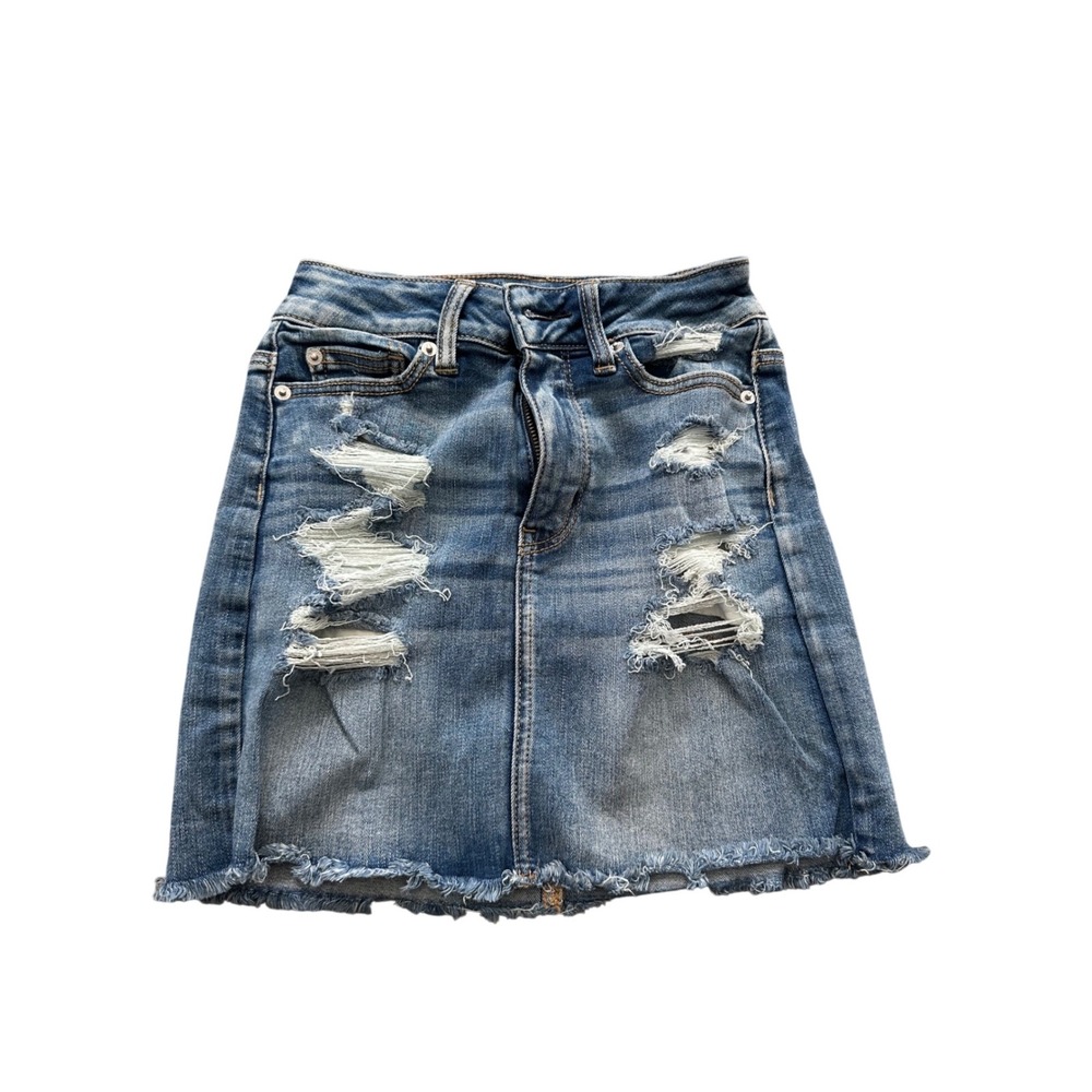 American Eagle Denim Mini Skirt Ripped‎ Distressed Blue Jean Skirt Size 00